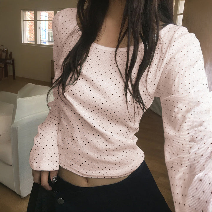 Women's knitted cropped long sleeve with fine polka dot pattern and U-neck Mune Fashion