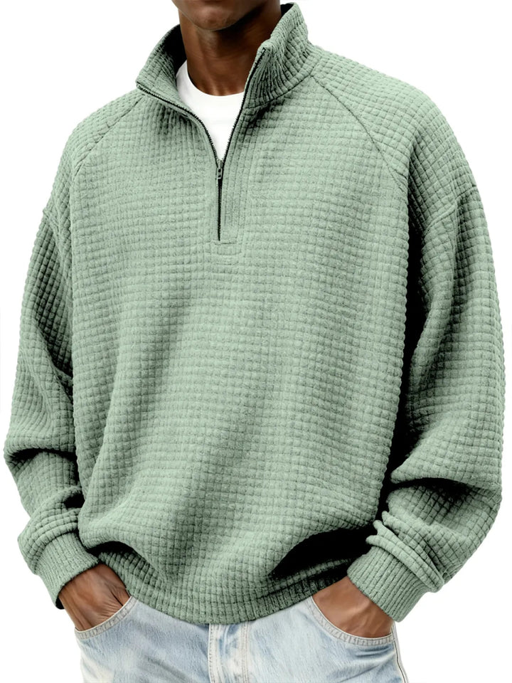 Men's Waffle Knit Oversized Sweater with Half-Zip and Stand-Up Collar Mune Fashion