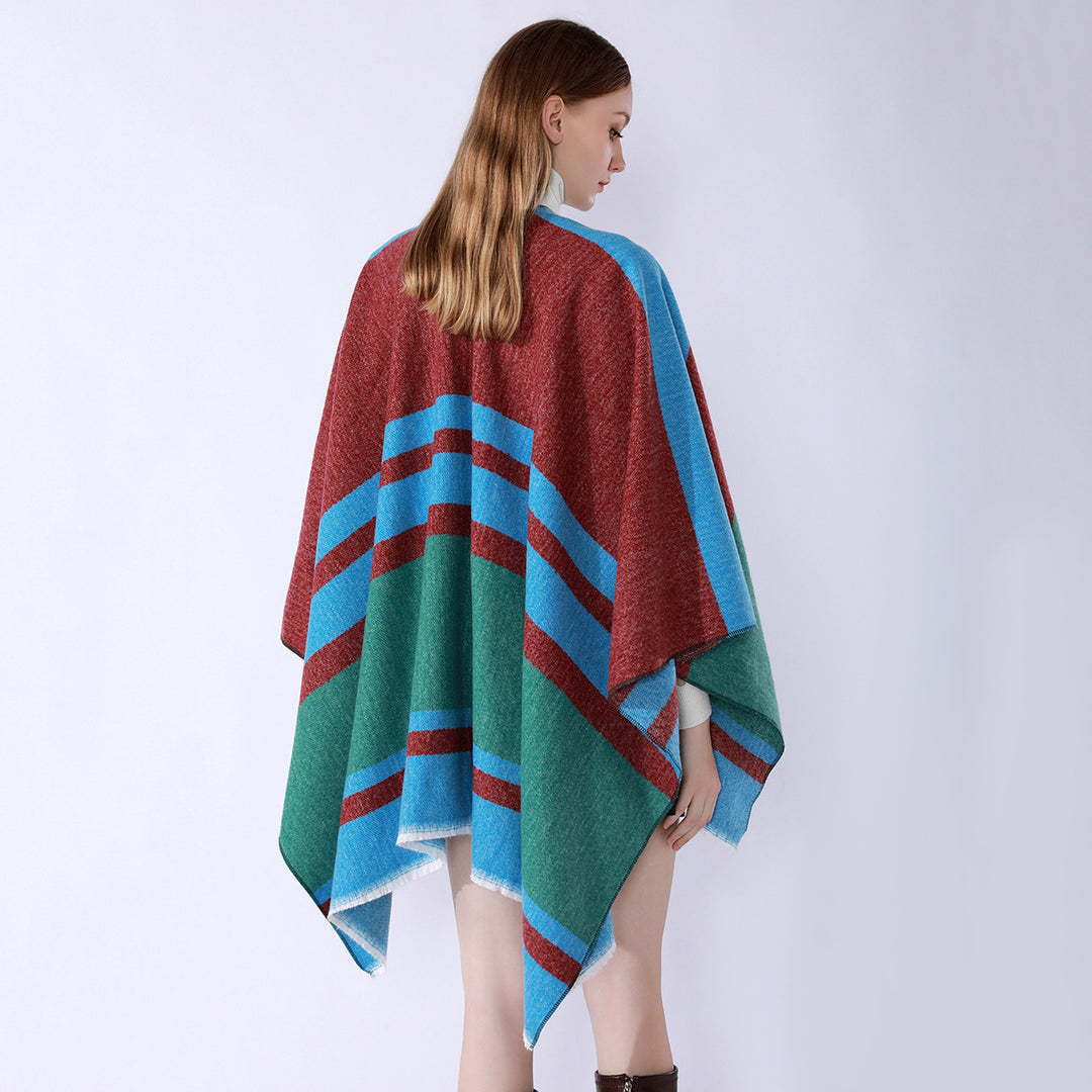 Women's Lightweight Cape Poncho made of fine knit with geometric block stripe design Mune Fashion