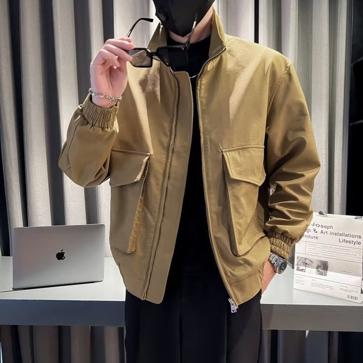 Men's Lightweight Tech Bomber Jacket with Stand-Up Collar, Large Flap Chest Pocket and Elastic Hem Mune Fashion