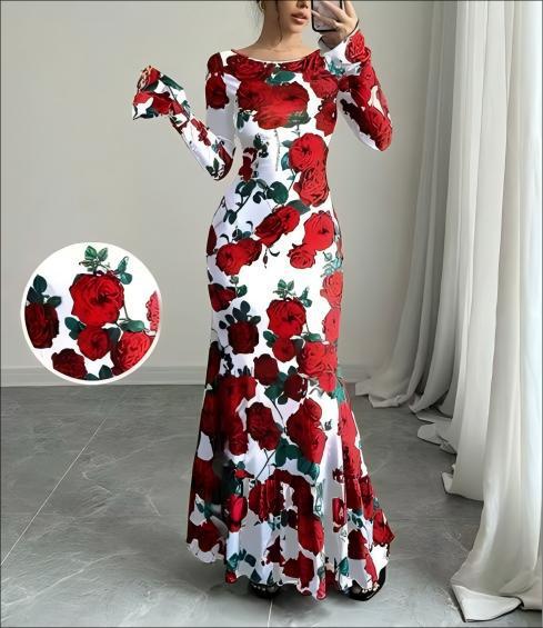 Women's fitted maxi dress with mermaid cut, long bell sleeves, and ruffled hem Mune Fashion