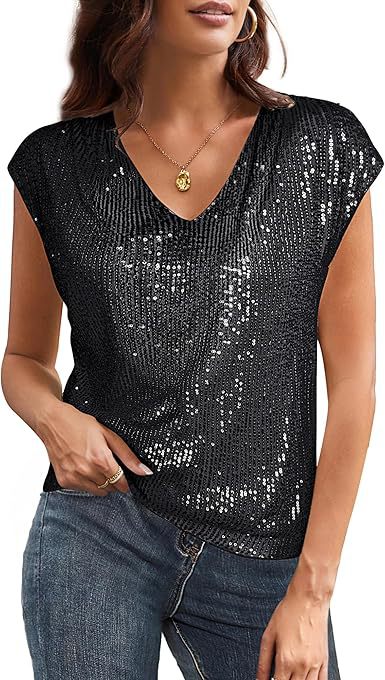Women’s Sleeveless Sequin Top with V-Neck and Ruffled Hem Mune Fashion