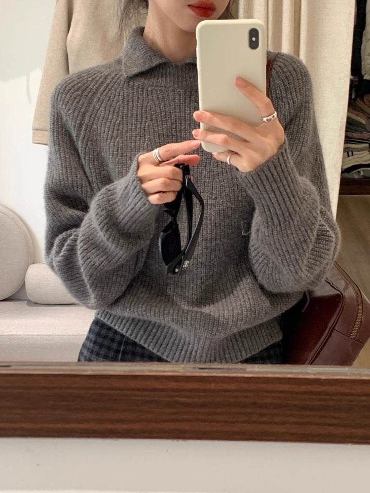 Women Oversize Polo Collar Fine Knit Sweater with Ribbed Hem and Cashmere-like Texture Mune Fashion