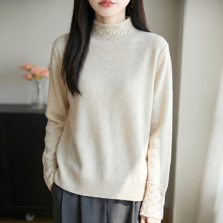 Women's Mockneck Fine Knit Sweater with Openwork Detail at Collar and Cuffs Mune Fashion