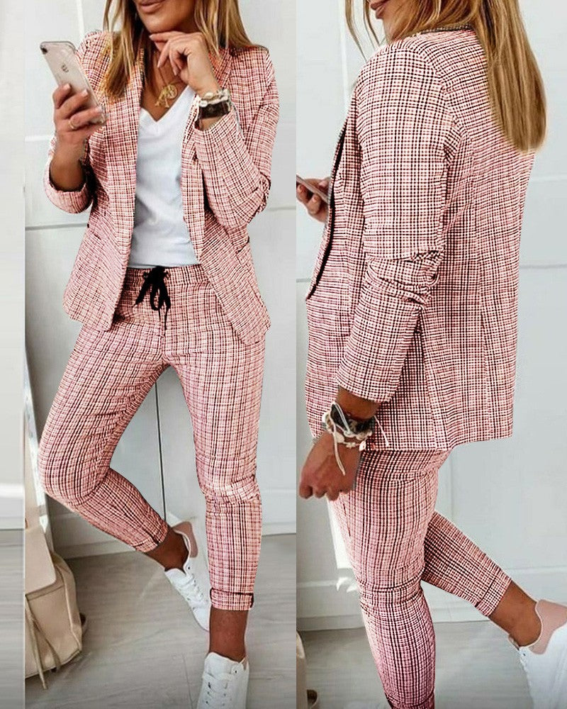 Women's two-piece checkered blazer and slim-fit jogging pants with drawstring Mune Fashion