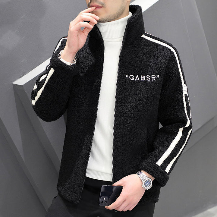 Men's Teddy Fleece Blouson with Stand Collar, Zipper and Contrast Stripes Mune Fashion