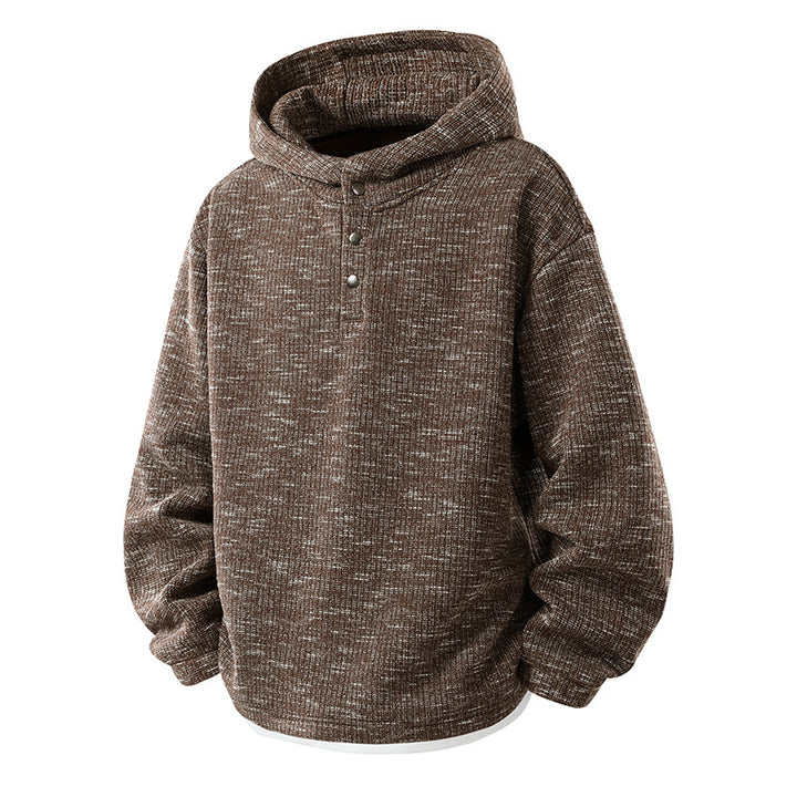 Men's Oversize Knit Hoodie with Snap Button Placket and Melanged Structure Mune Fashion