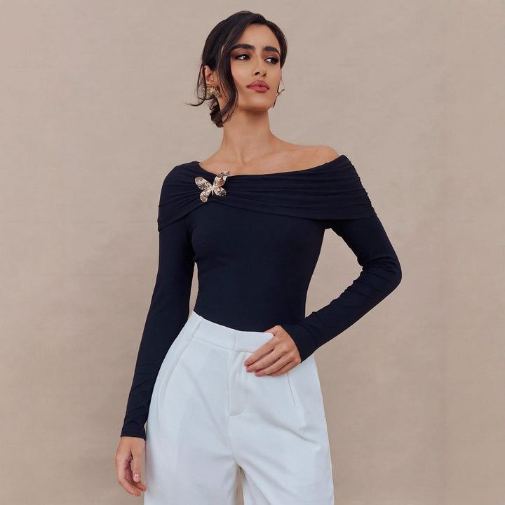 Women off-shoulder draped long-sleeve top with wide shawl collar and detachable decorative brooch Mune Fashion