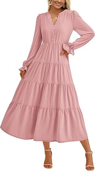 Women's Tiered Midi Dress with V-Neck, Gathered Waist Seam and Ruffle Cuffs Mune Fashion