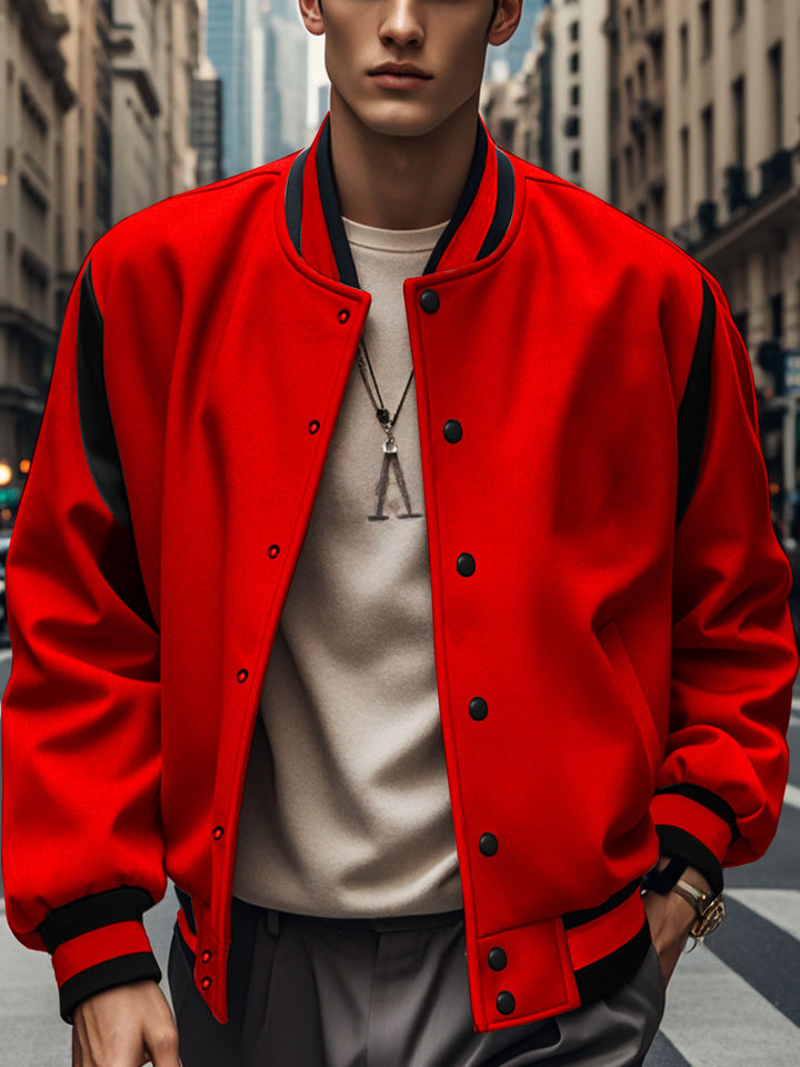 Men's lightweight college jacket in varsity look with press-stud closure, ribbed cuffs, and contrast shoulder trim Mune Fashion