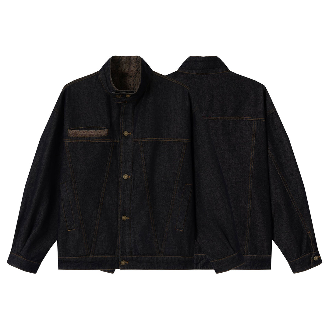 Unisex Oversized Denim Jacket with Funnel Neck and Decorative Chest Flap Mune Fashion