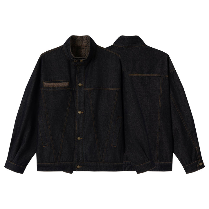 Unisex Oversized Denim Jacket with Funnel Neck and Decorative Chest Flap Mune Fashion