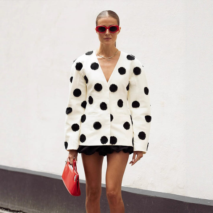 Women's Tailored Blazer with Deep V-Neck, Voluminous Sleeves and Polka-Dot Applications Mune Fashion