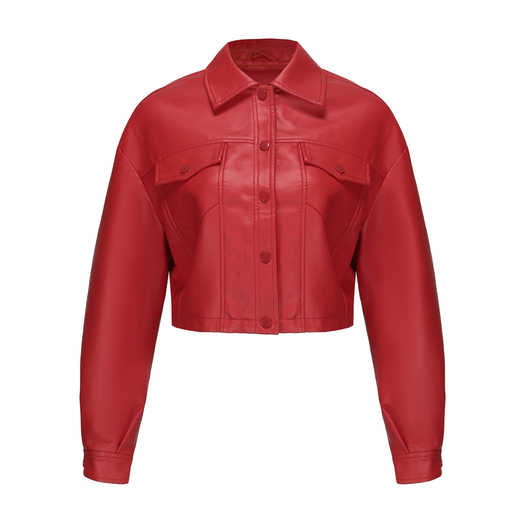 Women nan short oversized faux leather jacket in trucker style with flap pockets and concealed snap button placket Mune Fashion