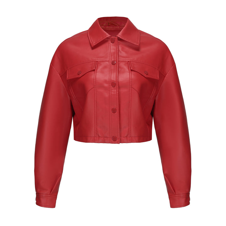Women nan short oversized faux leather jacket in trucker style with flap pockets and concealed snap button placket Mune Fashion