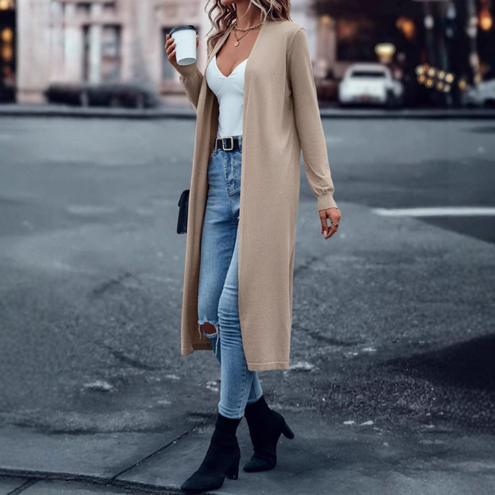Women's long fine-knit cardigan in duster style with open fall and narrow sleeve section Mune Fashion