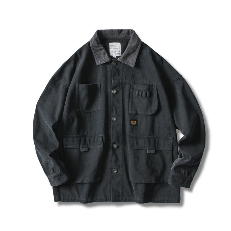 Men's loosely cut field jacket in workwear style with patch pockets and corduroy collar Mune Fashion