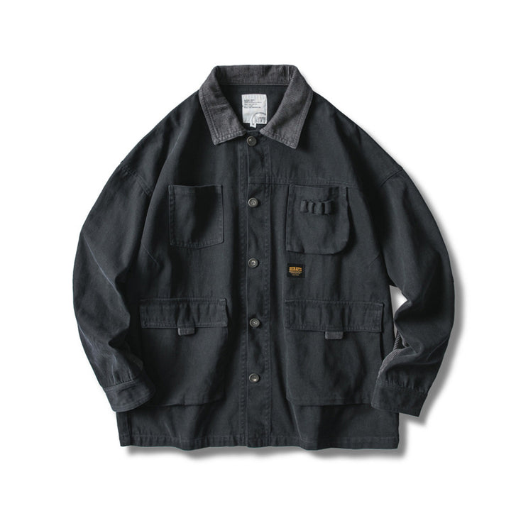 Men's loosely cut field jacket in workwear style with patch pockets and corduroy collar Mune Fashion