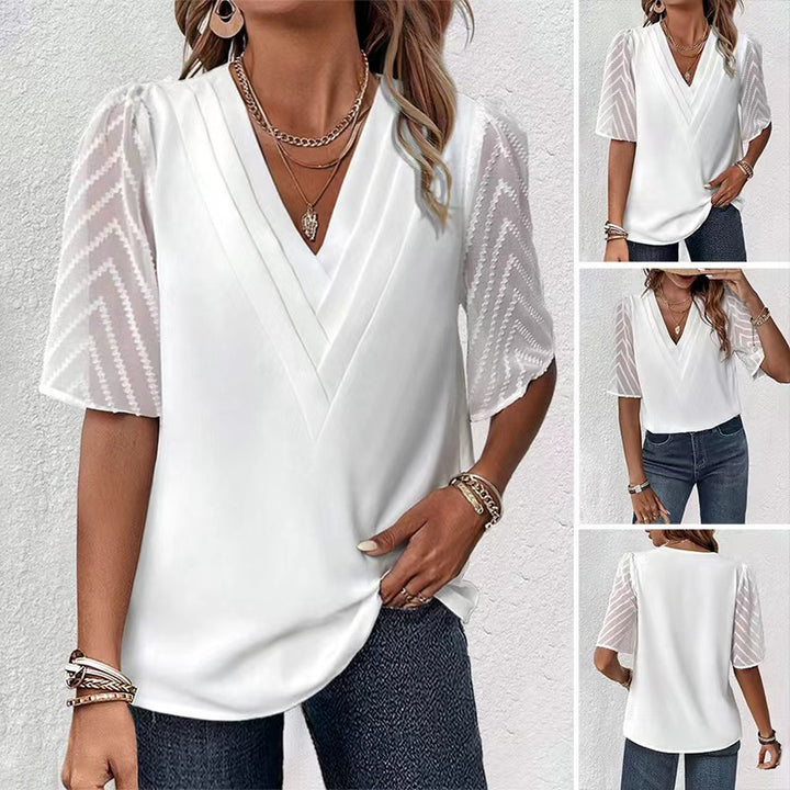 Women's elegant chiffon top with pleated V yoke and transparent zigzag sleeves Mune Fashion