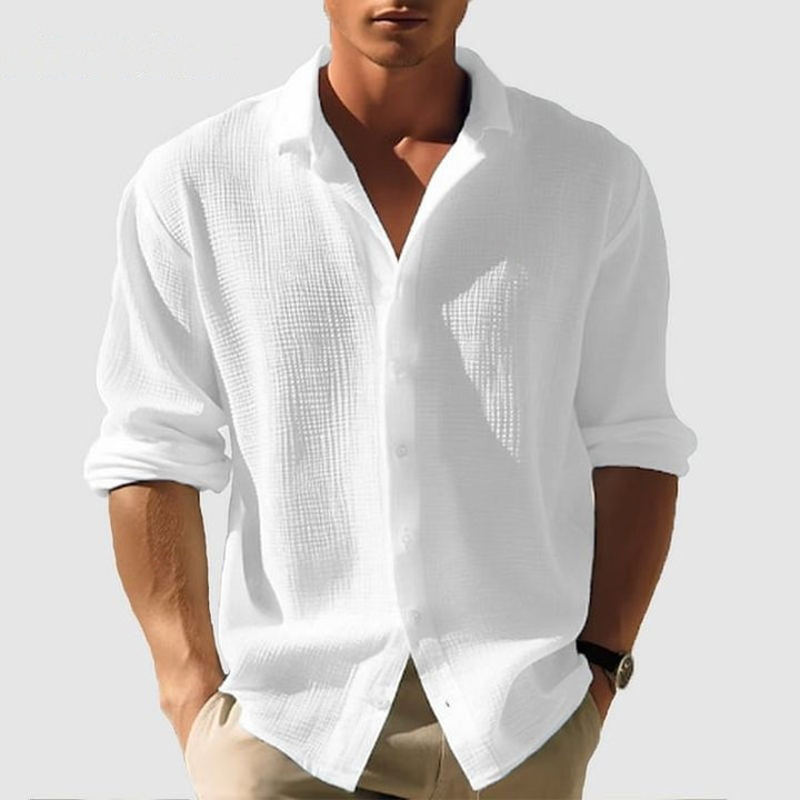 Men's Casual Textured Linen Shirt with Open Collar and Rolled Sleeves Mune Fashion