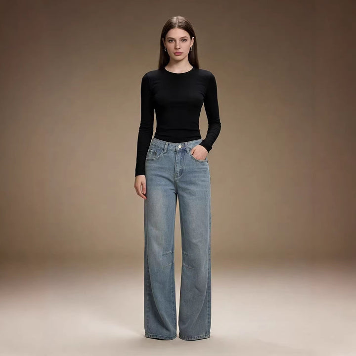 Women's simple long-sleeve fine knit shirt with round neckline, slightly tailored silhouette, and elastic wearing comfort Mune Fashion