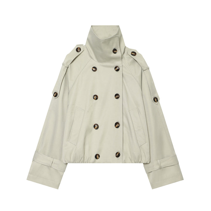 Women nan short fitted trench coat with double-breasted button placket, high stand-up collar, and removable shoulder flaps Mune Fashion