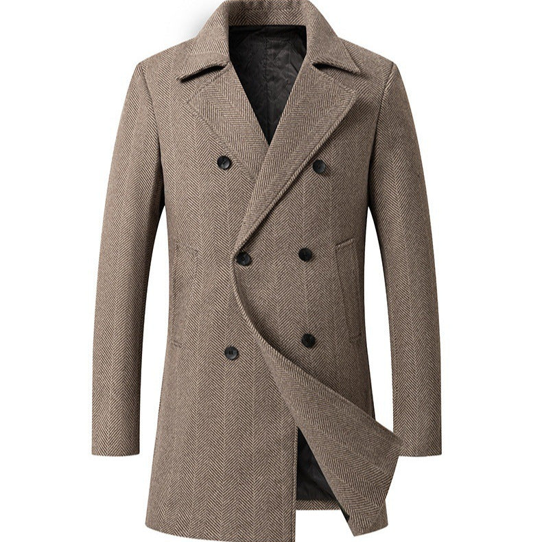 Men's Double-Breasted Herringbone Wool Blend Car Coat with Tailored Fit and Quilted Thermal Lining Mune Fashion