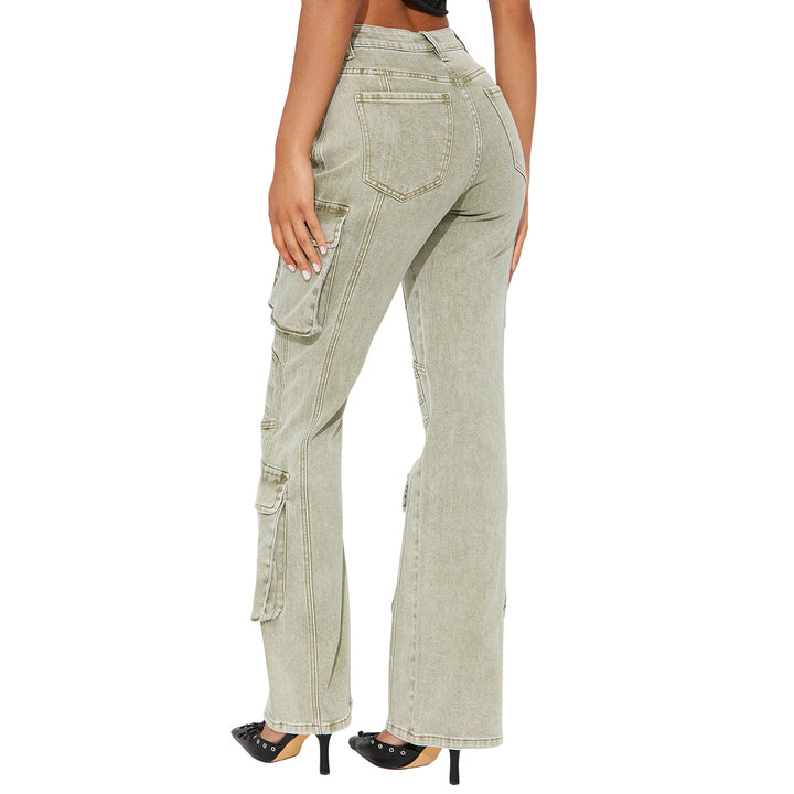 Women's High-Waist Cargo Denim Pants with Wide Leg, Multiple Pockets and Used Details Mune Fashion