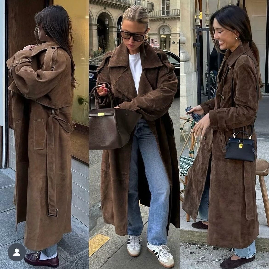 Women's Long Oversized Velour Leather Trench Coat with Tie Belt and Shoulder Straps Mune Fashion