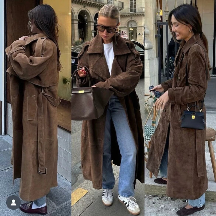 Women's Long Oversized Velour Leather Trench Coat with Tie Belt and Shoulder Straps Mune Fashion