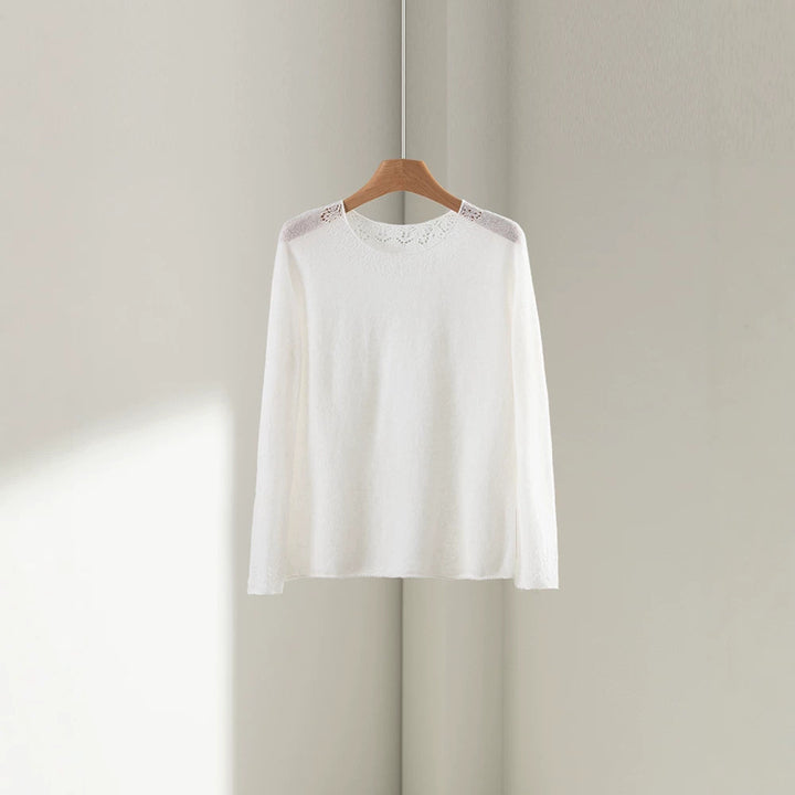 Women's Fine Round Neck Sweater with Lace Knit Detail Mune Fashion