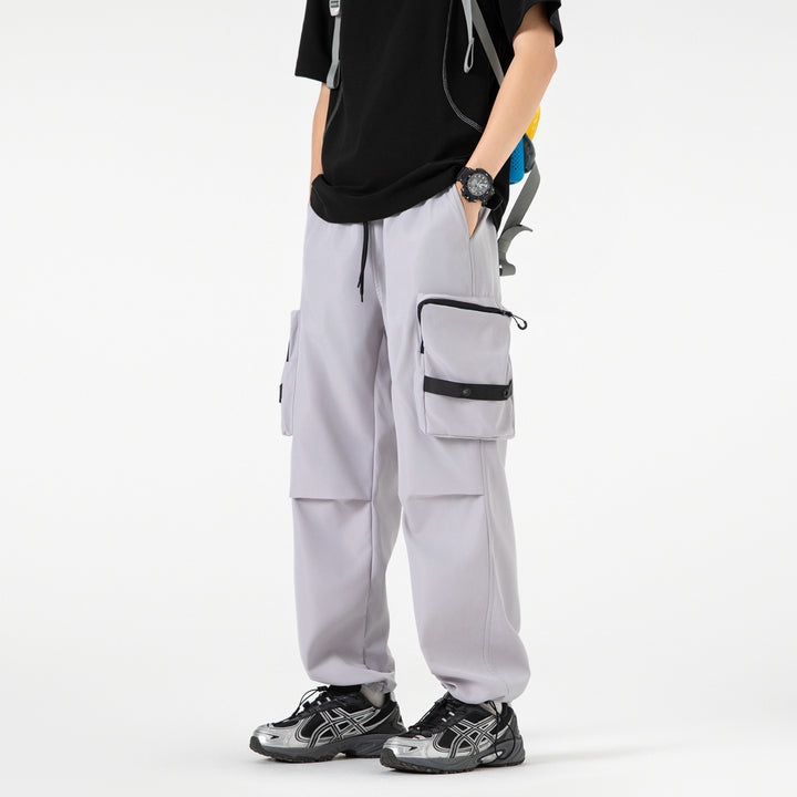 Men's Wide Utility Cargo Pants with Oversized Flap Pockets and Drawstring Waist Drune