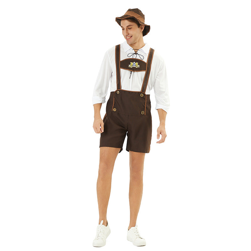 Men's short traditional leather shorts with adjustable straps and embroidered bib Mune Fashion