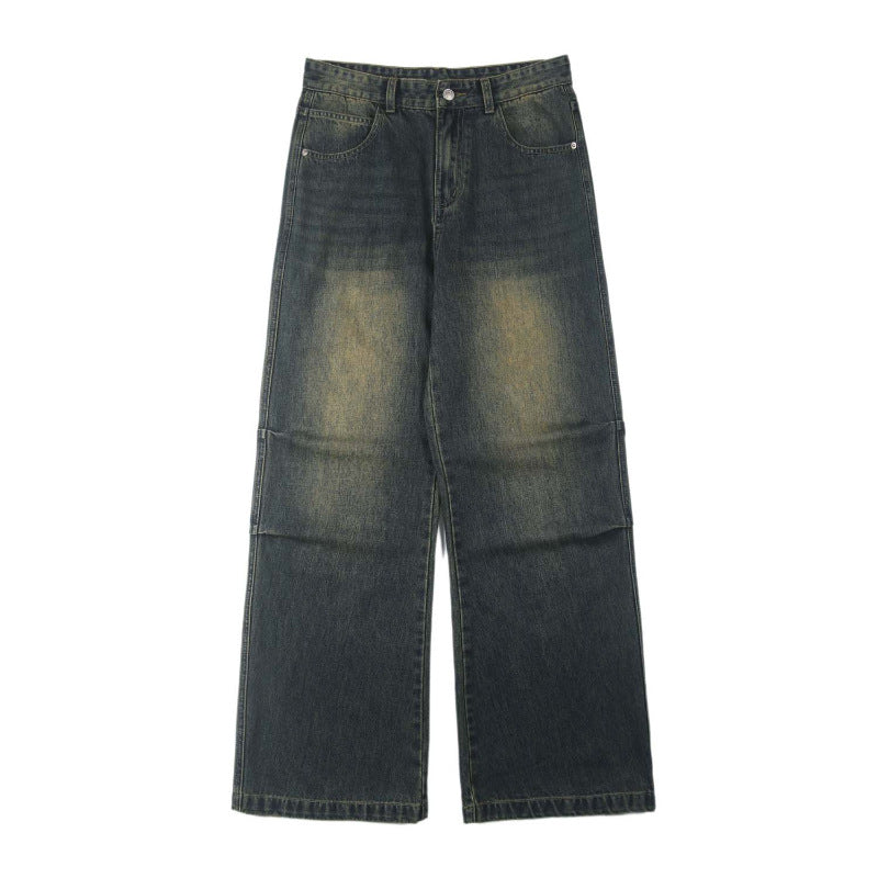 Men's Panel Denim Baggy Pants with Drop Crotch and Used-Fade Mune Fashion