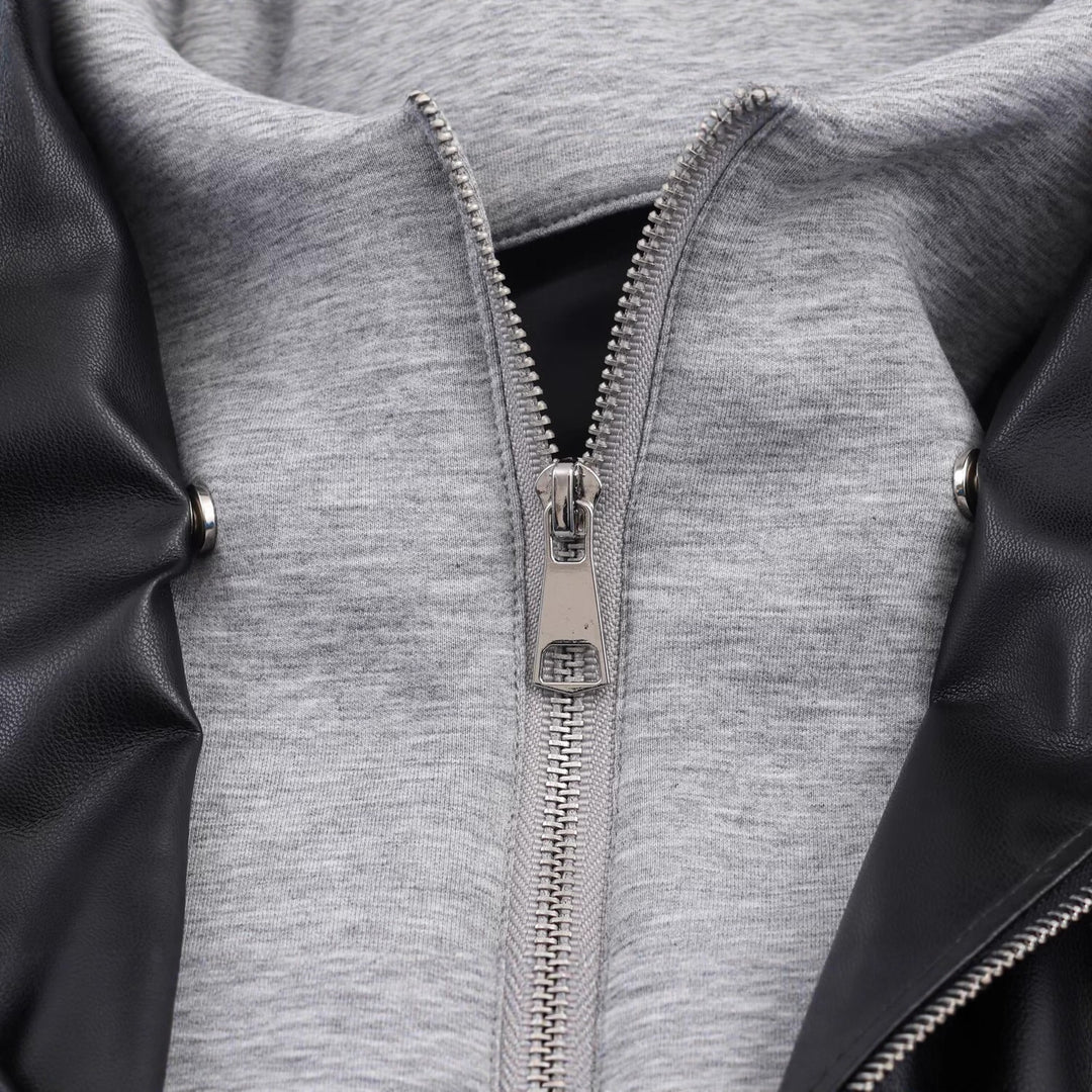Women's Faux Leather Bomber Jacket with Contrasting Hood in Sweatstyle and Elastic Hem Mune Fashion