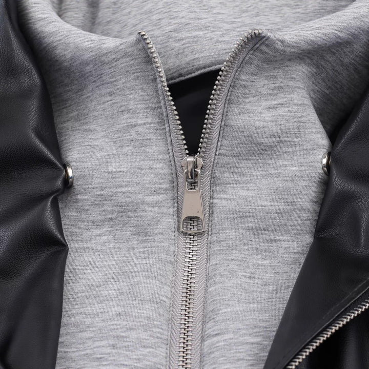 Women's Faux Leather Bomber Jacket with Contrasting Hood in Sweatstyle and Elastic Hem Mune Fashion
