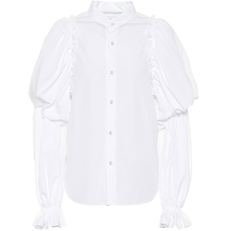 Women Puff Sleeve Blouse with Stand Collar and Ruffle Cuffs Mune Fashion