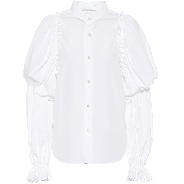 Women Puff Sleeve Blouse with Stand Collar and Ruffle Cuffs Mune Fashion