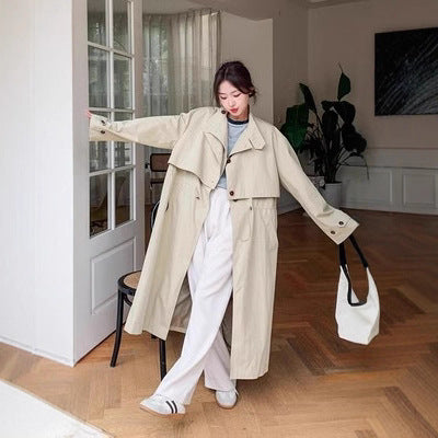 Women Oversize Trench Coat with Cape Back, Drawstring Waist and Wide Sleeves Mune Fashion