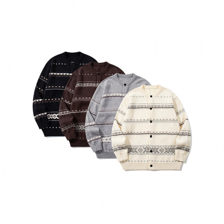 Unisex jacquard knit cardigan in boxy cut with round neck and button placket Mune Fashion