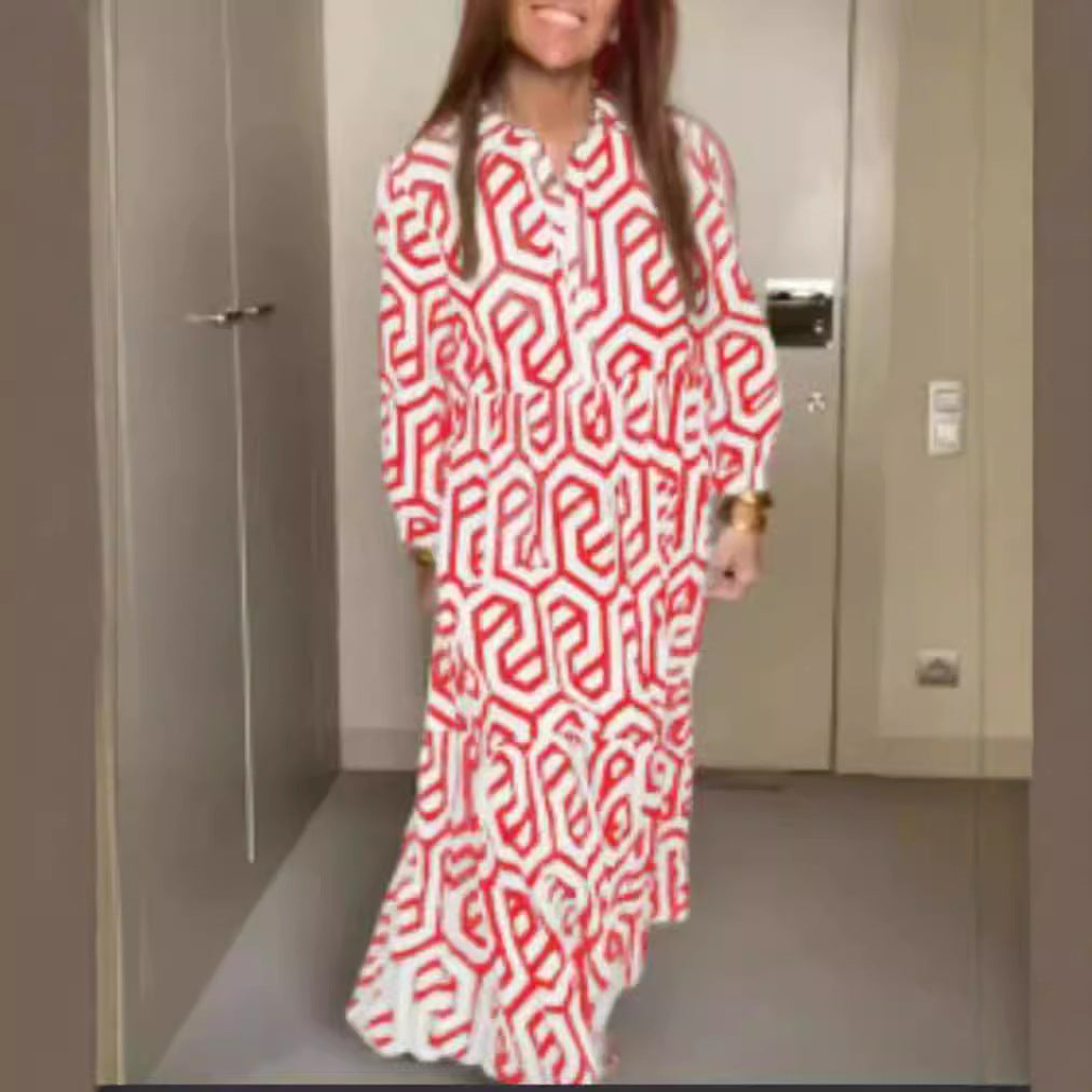 Women's long shirt collar tiered dress with geometric allover print and gathered waist yoke Mune Fashion
