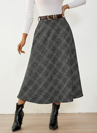 Women's Checked Midi Skirt in A-Line with High Waist and Side Pockets Drune