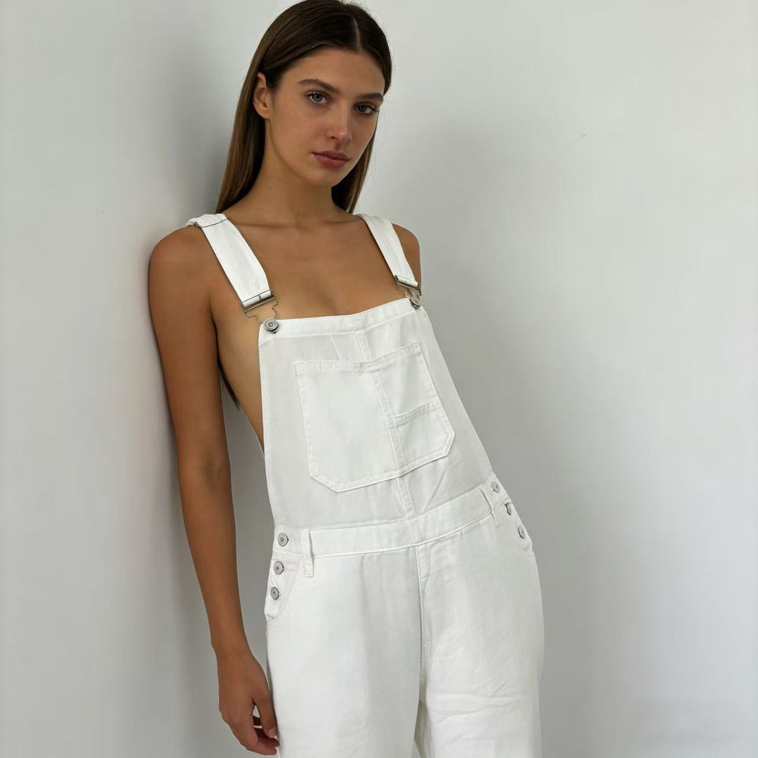 Ladies denim overall with wide leg, adjustable straps and flap pocket Mune Fashion