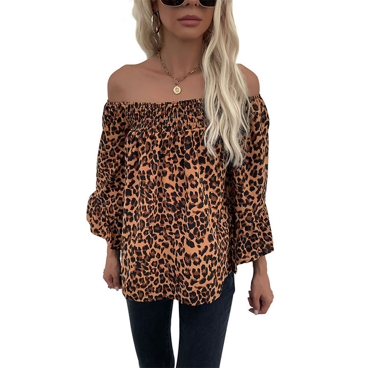 Women's Carmen blouse with smocked cuffs, off-the-shoulder neckline, and leopard print Mune Fashion