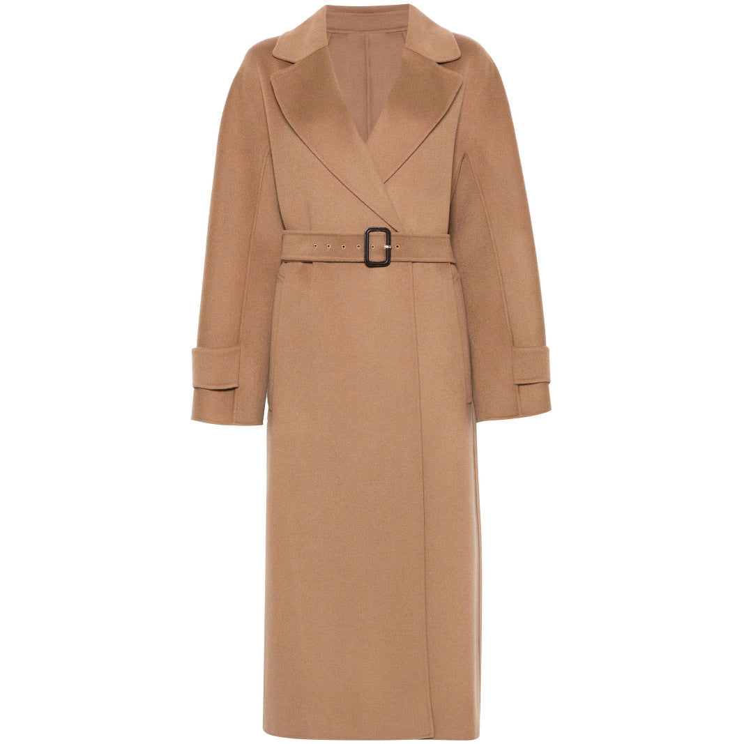 Women’s wrap coat made of wool blend with waist belt and oversized shoulder Mune Fashion