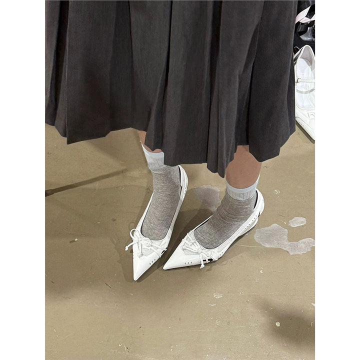 Women's pointed toe mesh metallic pumps with sculpted kitten heel and bow strap Mune Fashion