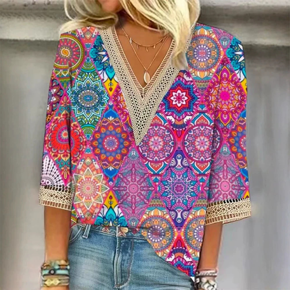 Women's nano locker falling Mandala patchwork tunic with deep V-neckline and crochet lace trim Mune Fashion