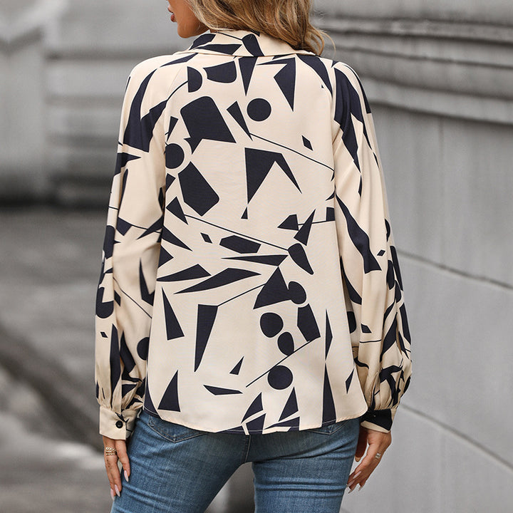 Women's Elegant Blouse with Geometric Pattern and Balloon Sleeves Mune Fashion
