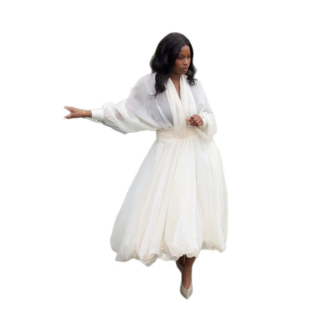 Women's Airy Pleated Maxi Dress with Balloon Hem, V-Neck and Shawl Collar Mune Fashion