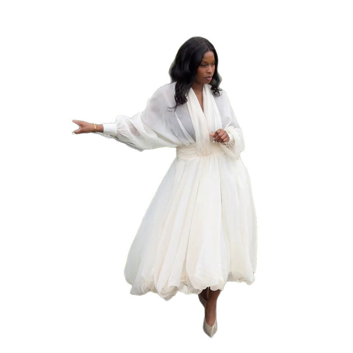 Women's Airy Pleated Maxi Dress with Balloon Hem, V-Neck and Shawl Collar Mune Fashion
